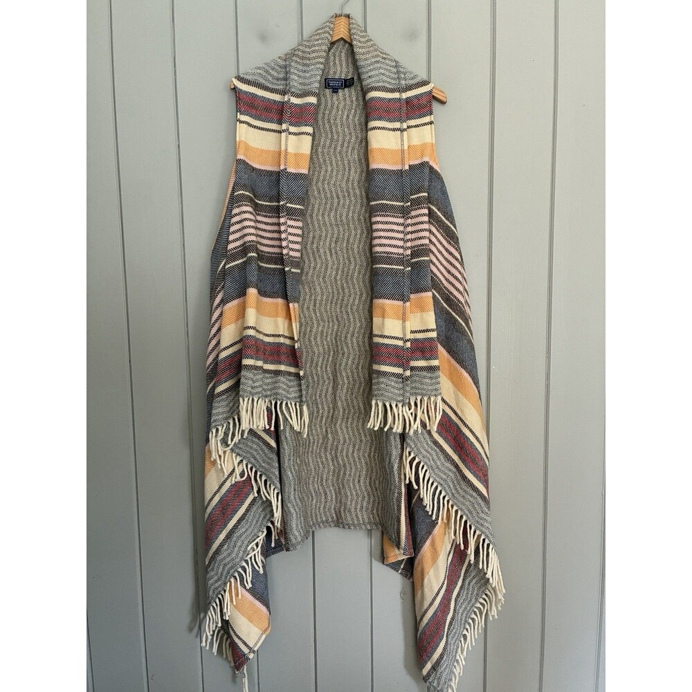 Faribault Woolen Mill Co Blanket Wrap Sweater O/S Fringe 100% Wool Stripe Ruana